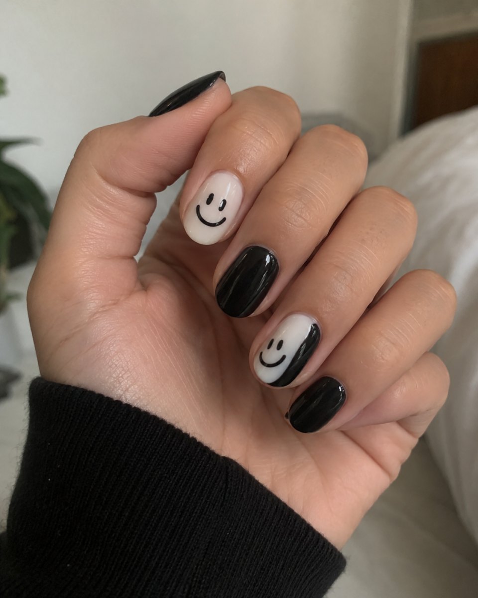 Black white smiley nail art