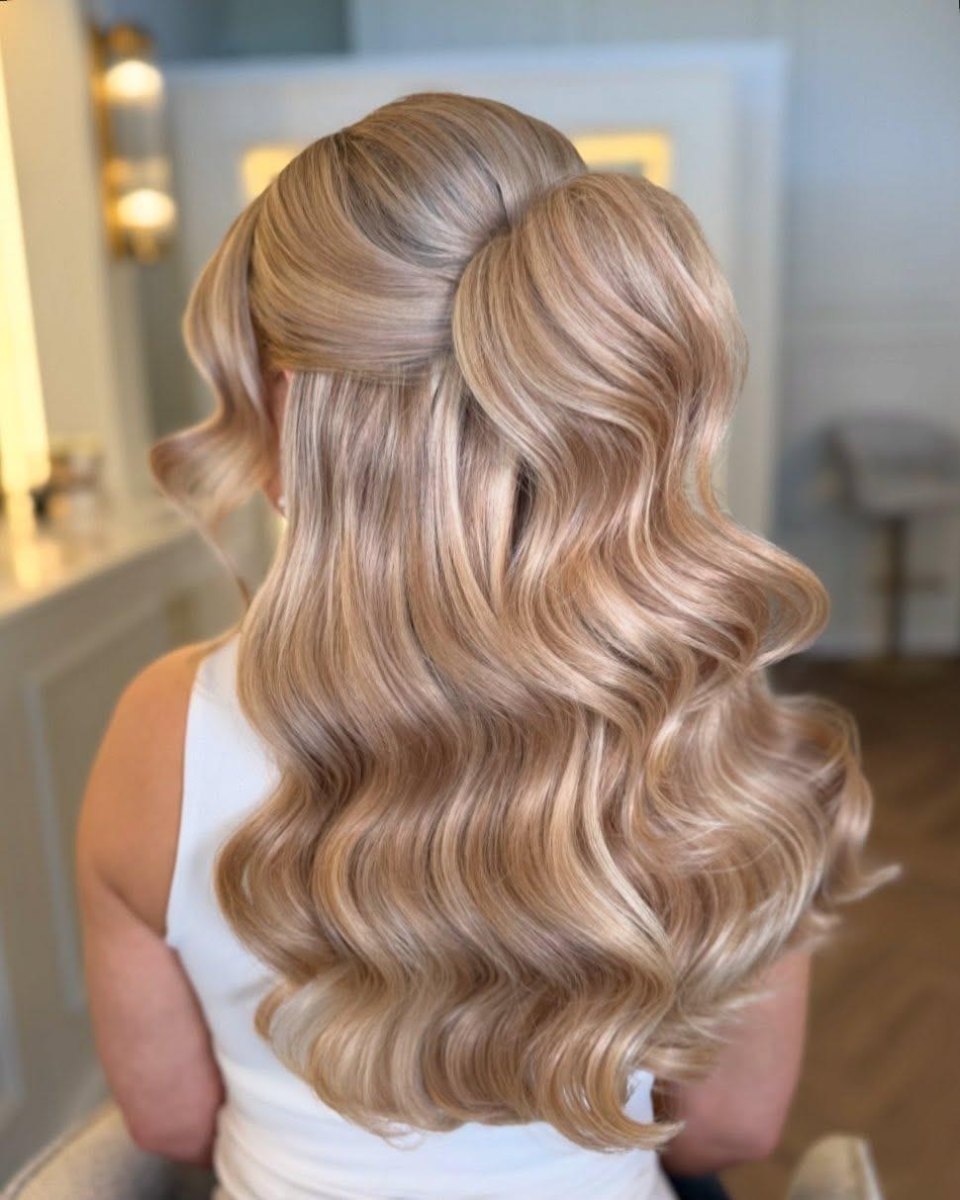 Blonde half up Hollywood waves