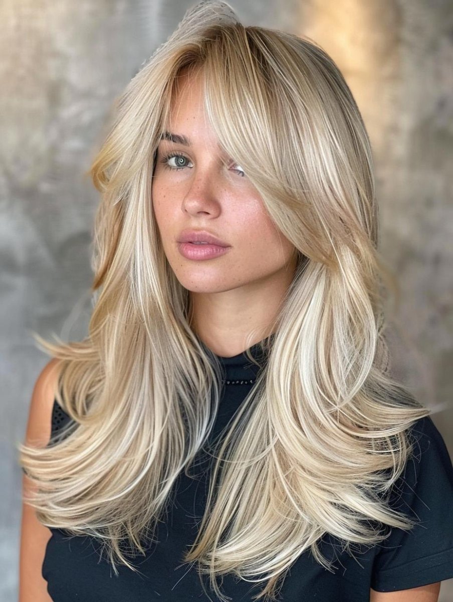 Blonde long layered curtain bangs