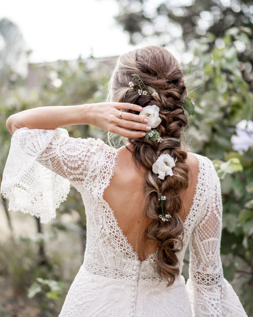 Boho bridal braid with flowers