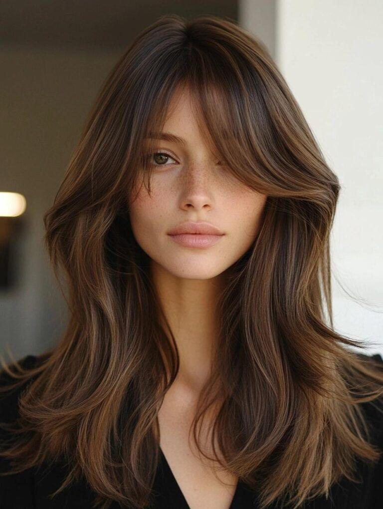 Brunette layered curtain bangs hairstyle