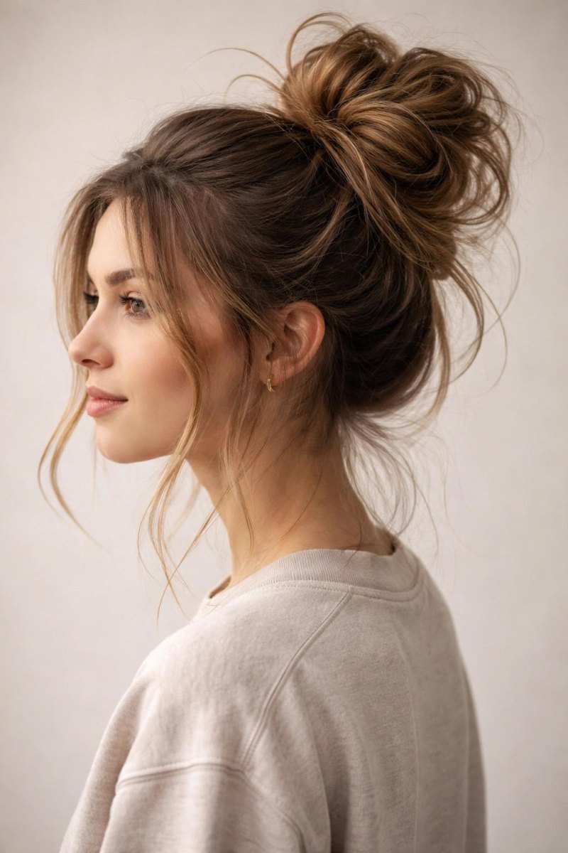 Casual messy high bun updo for everyday styling