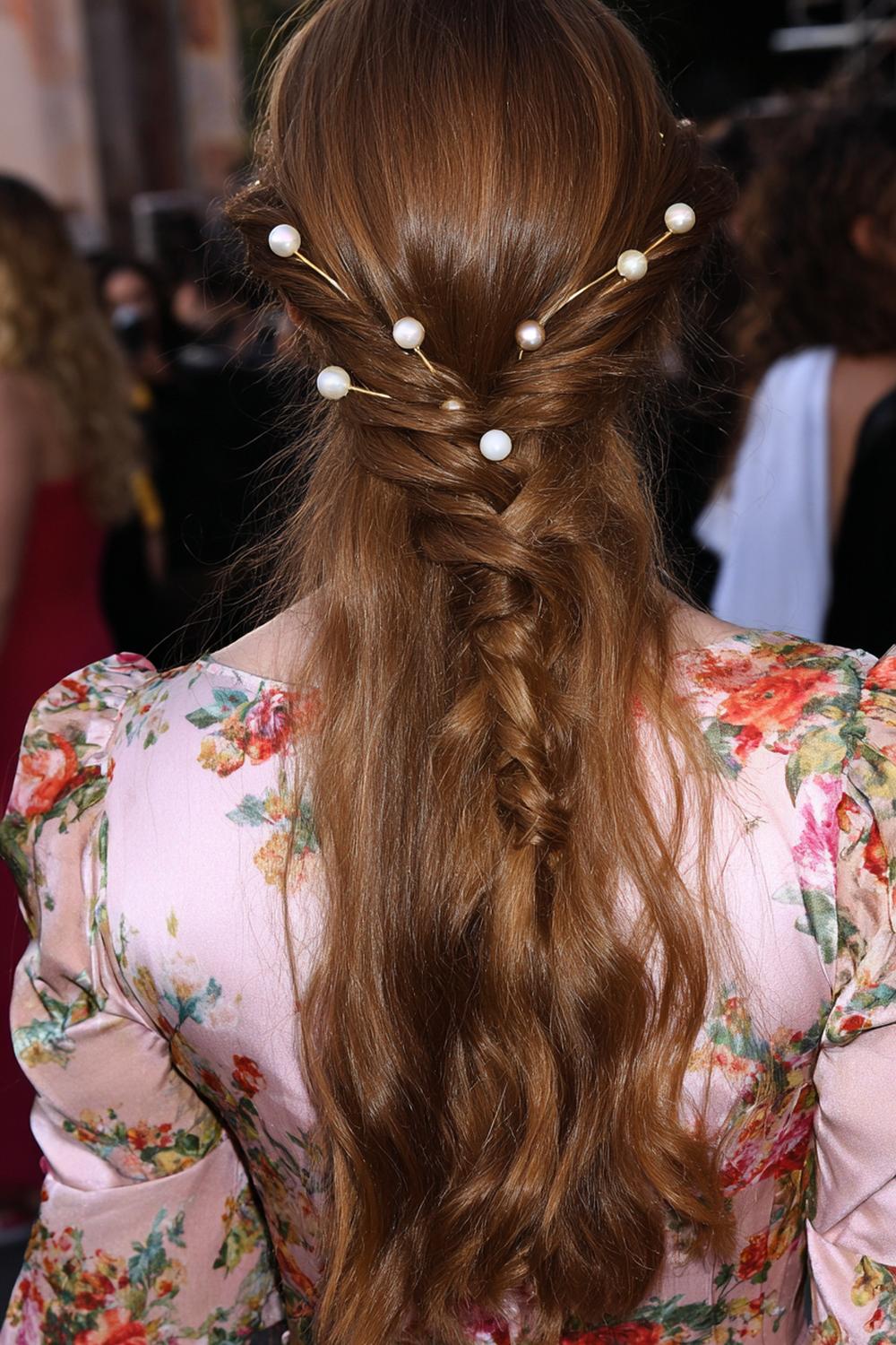 19. Boho Celebrity Inspired Hairstyles 2026 Fishtail Braid with Pearl Pins