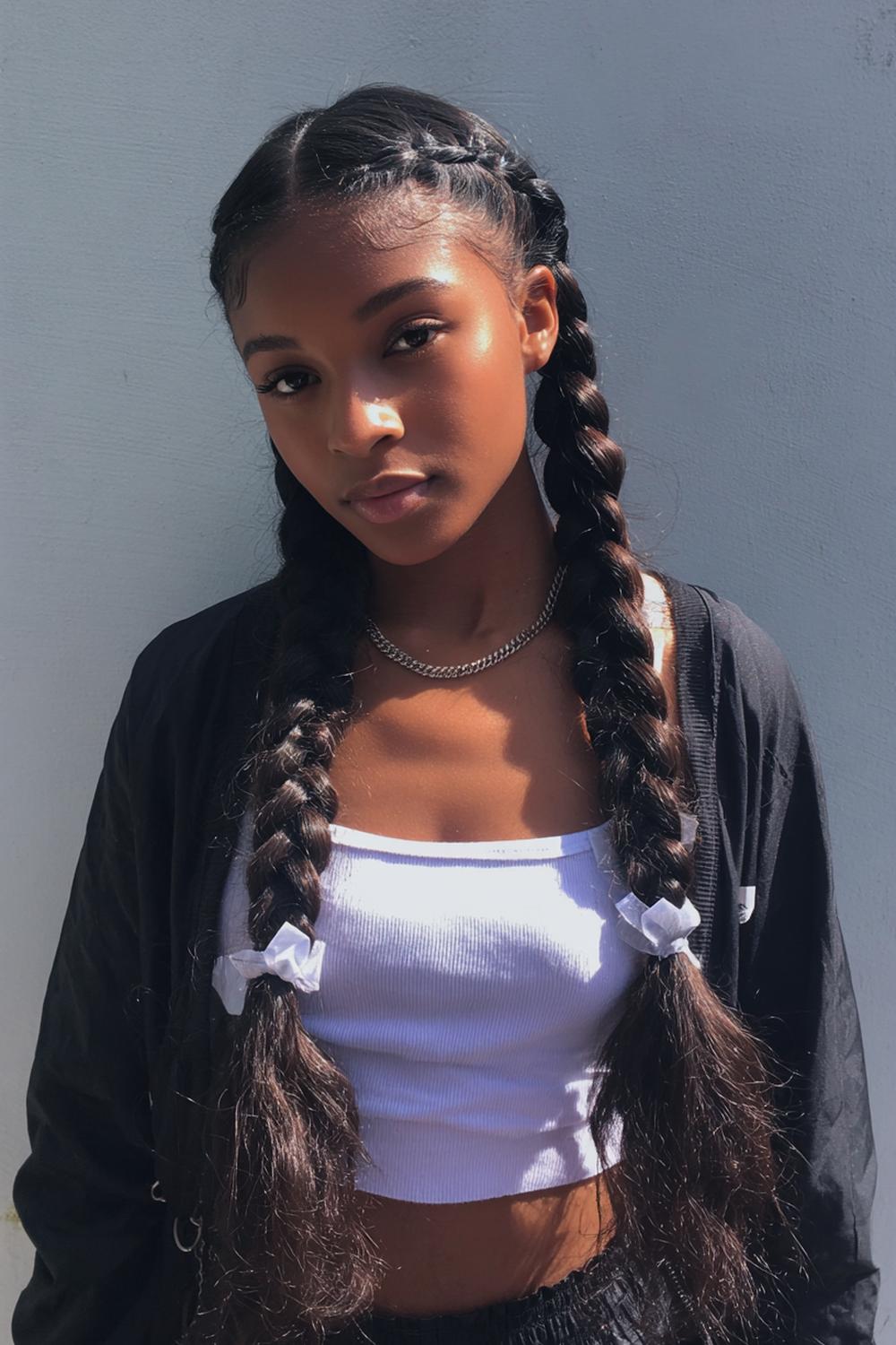 25. Youthful Celebrity Inspired Hairstyles 2026 Double Dutch Braids with Ribbon Weave