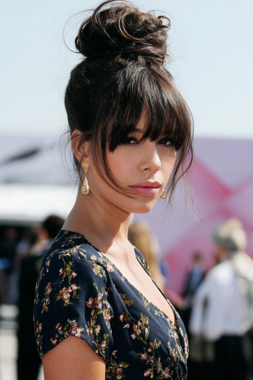 26. Cool-Girl Celebrity Inspired Hairstyles 2026 Messy Top Knot with Wispy Bangs