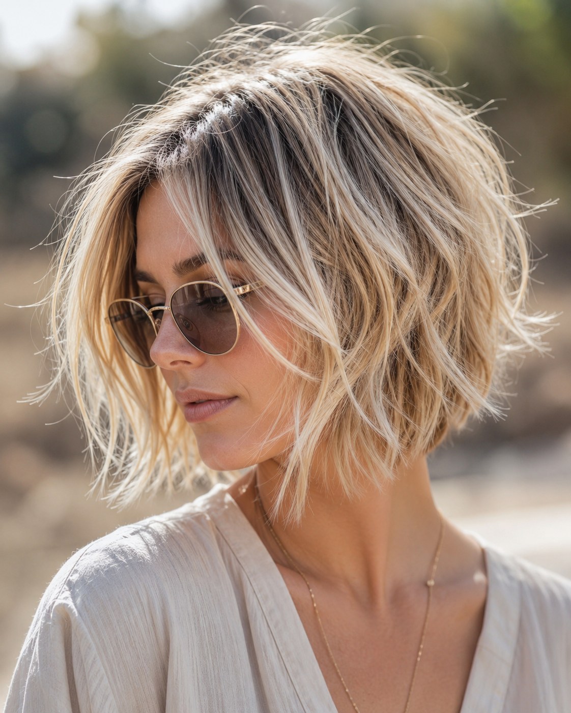 Beachy tousled choppy bob haircut with sun-kissed waves and natural texture