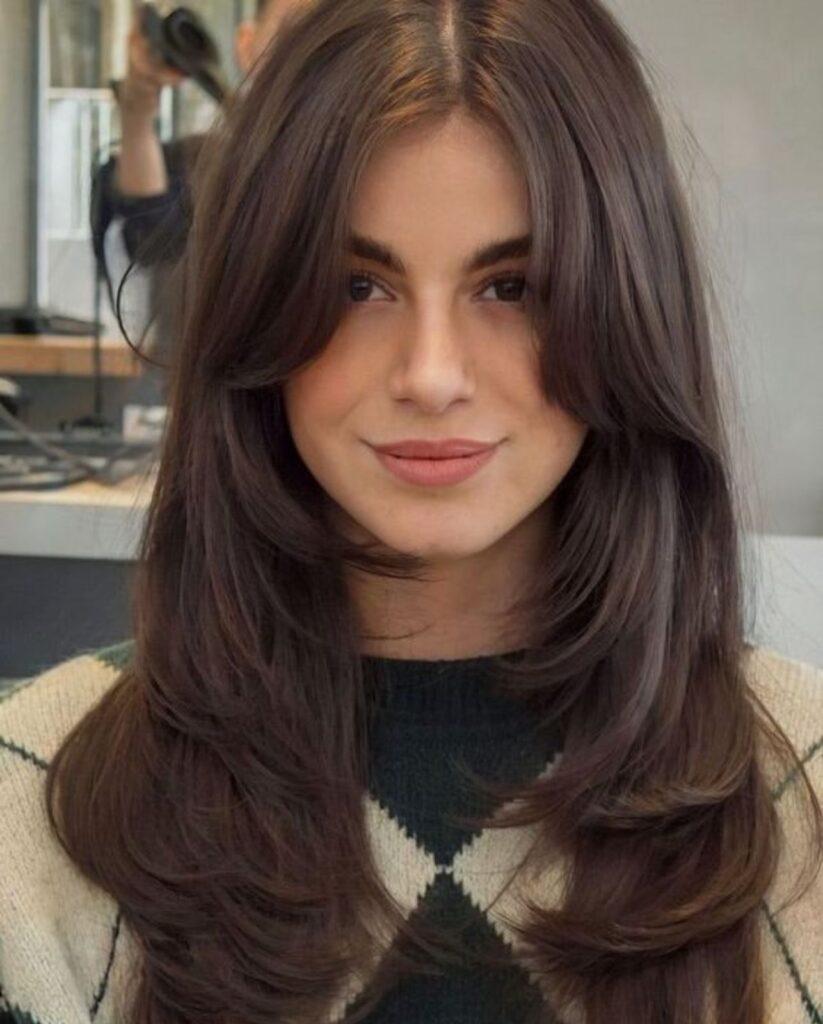 Long Layered Haircut With Curtain Bangs Ideas
