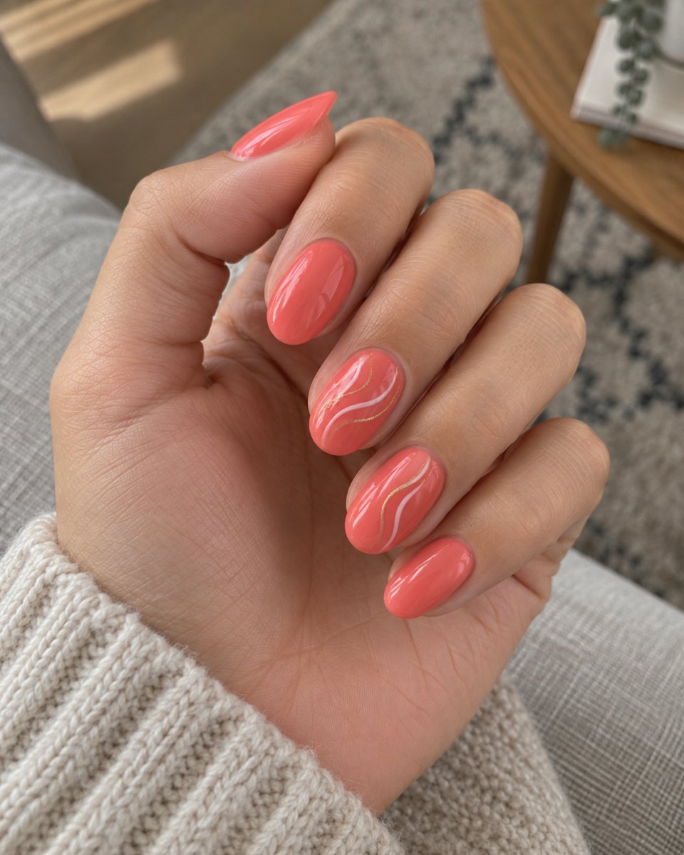 Coral pink abstract line nails