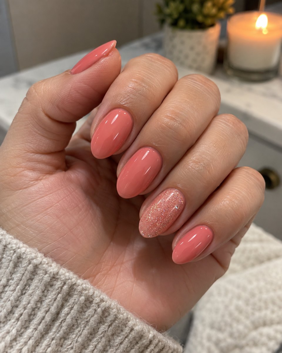 Coral pink chrome effect gel nails