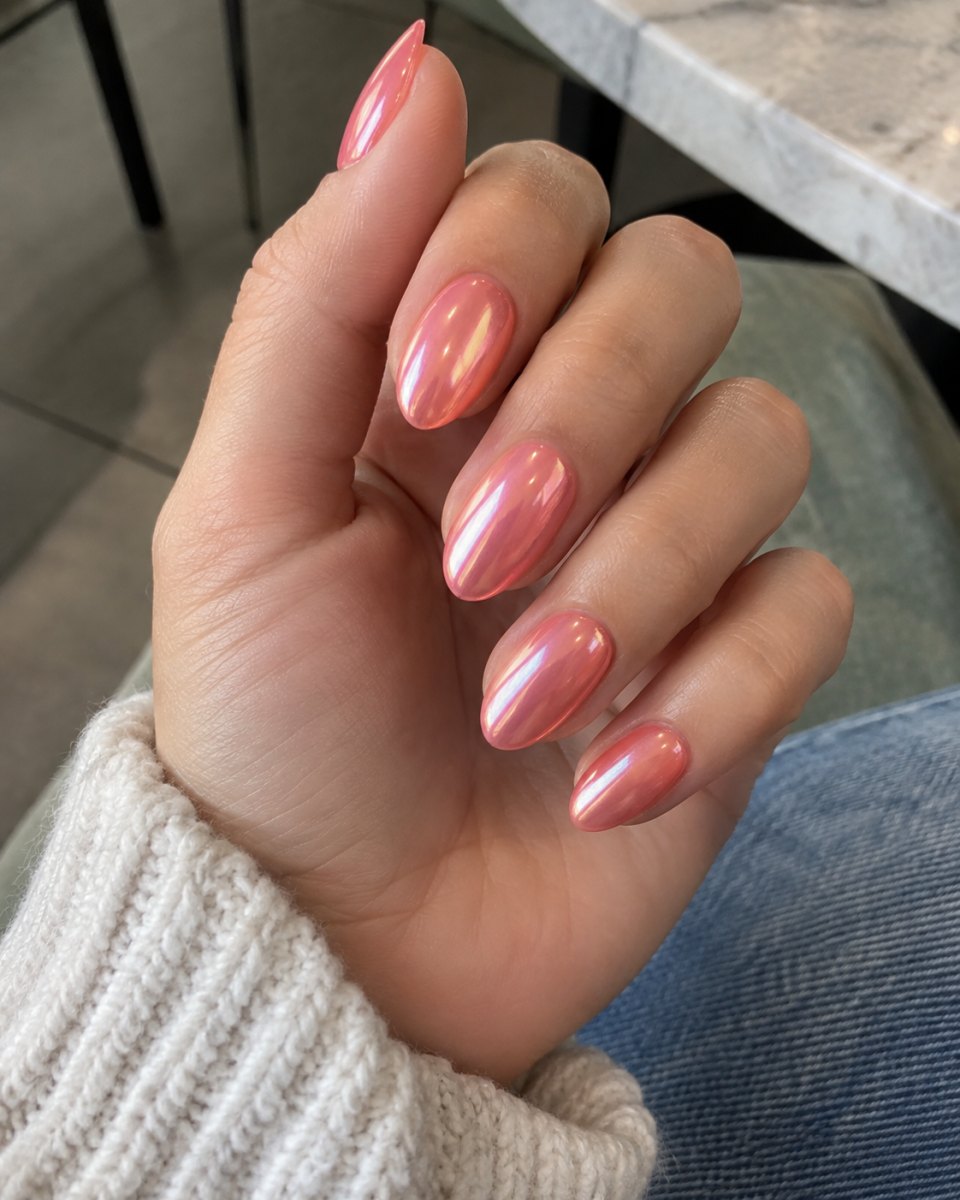 Coral pink floral gel nail design