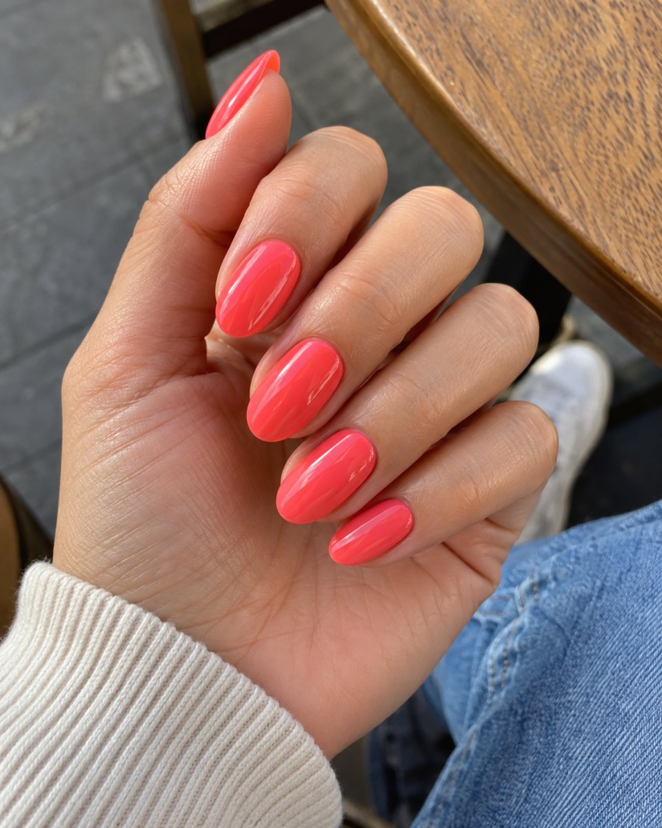 Coral pink French tip gel nails