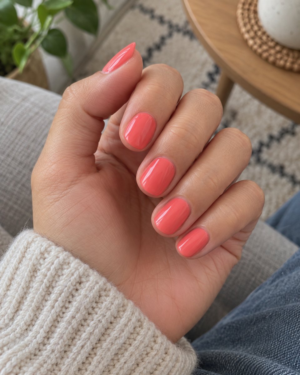 Short coral pink gel nails