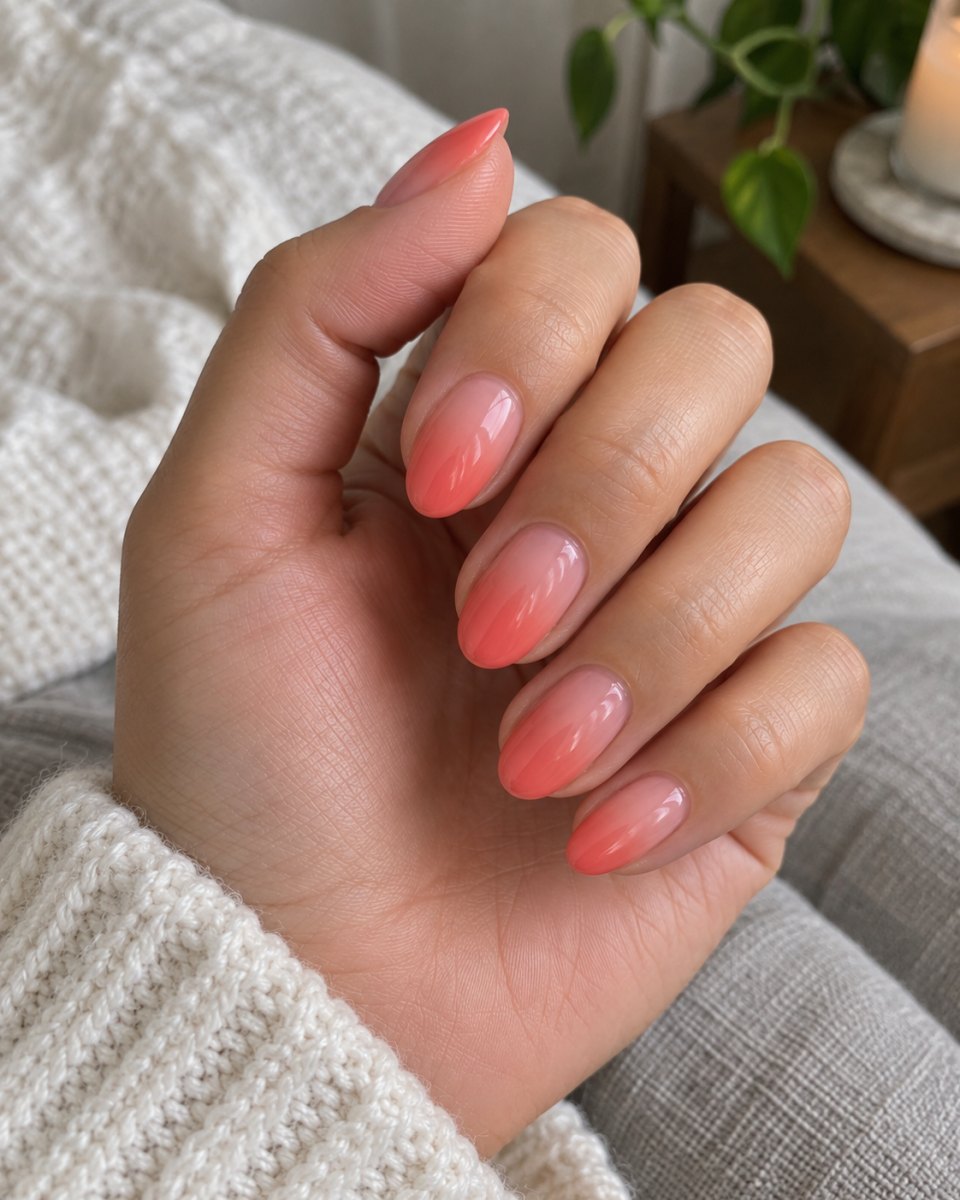 Coral pink ombre gel nails