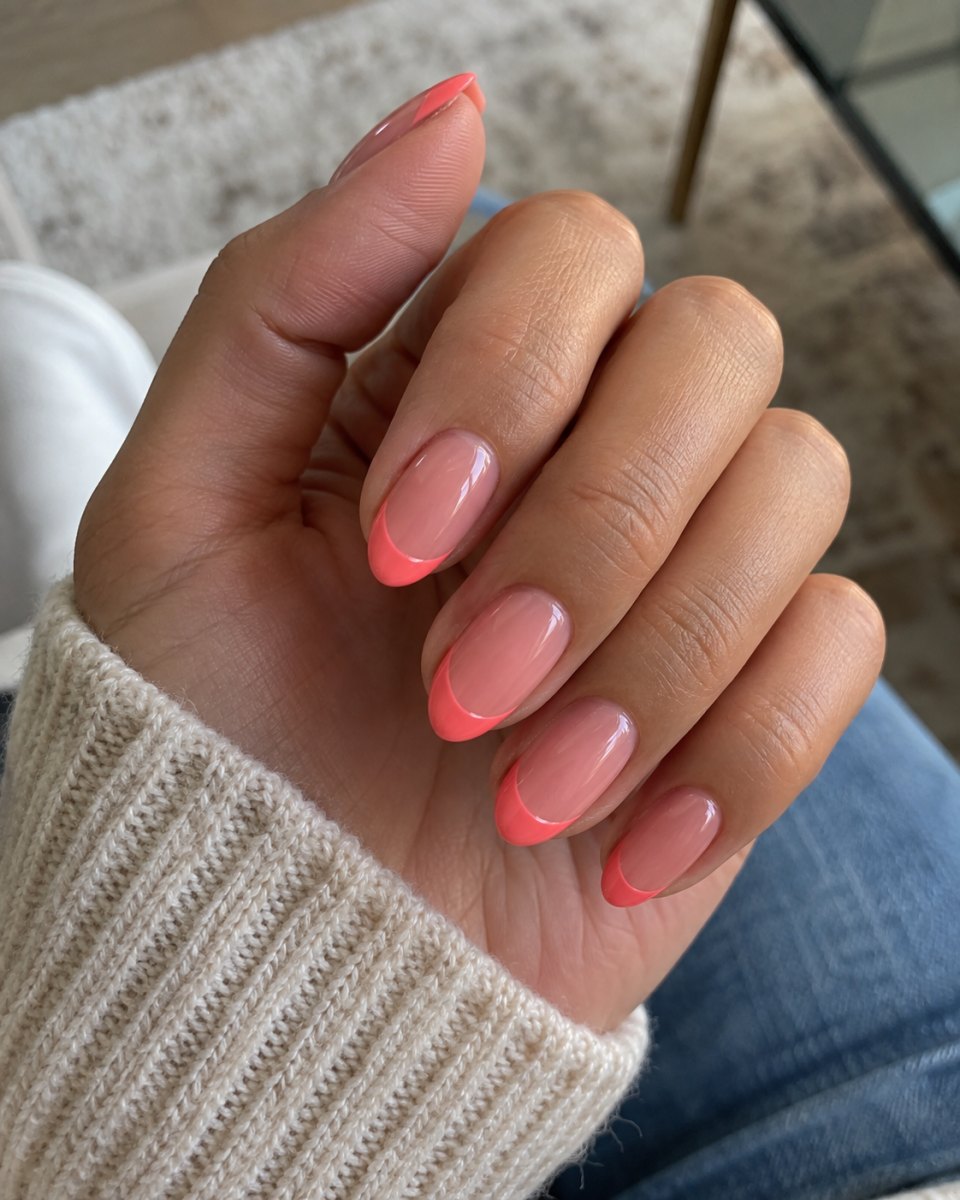 Coral pink subtle glitter nails