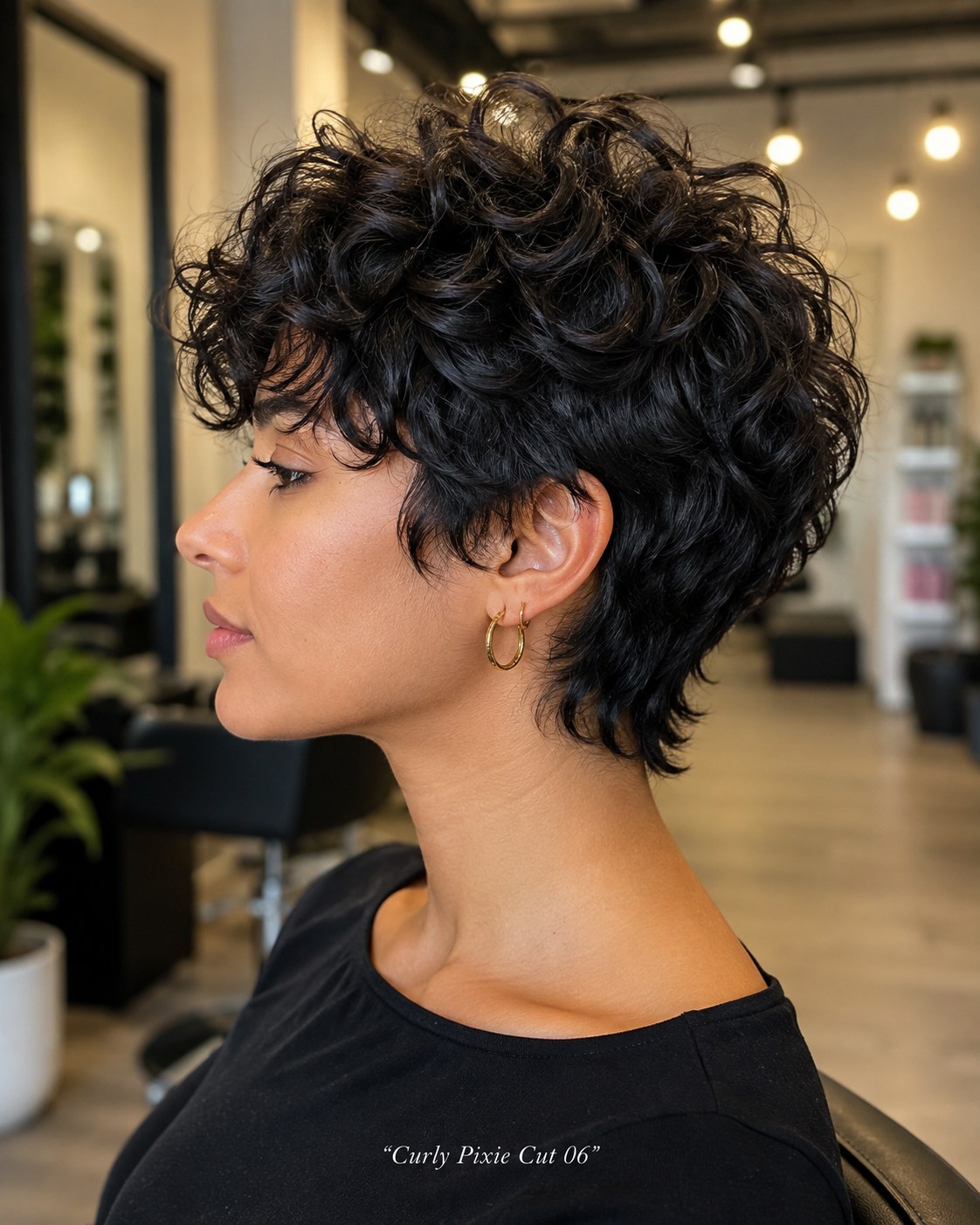 Curly shag pixie cut with longer curls left at the nape for an edgier silhouette