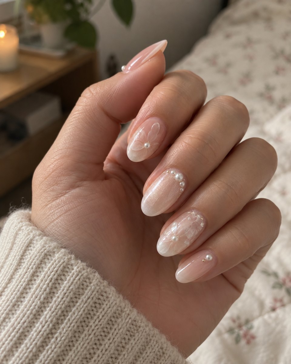 Delicate pearl wedding nails