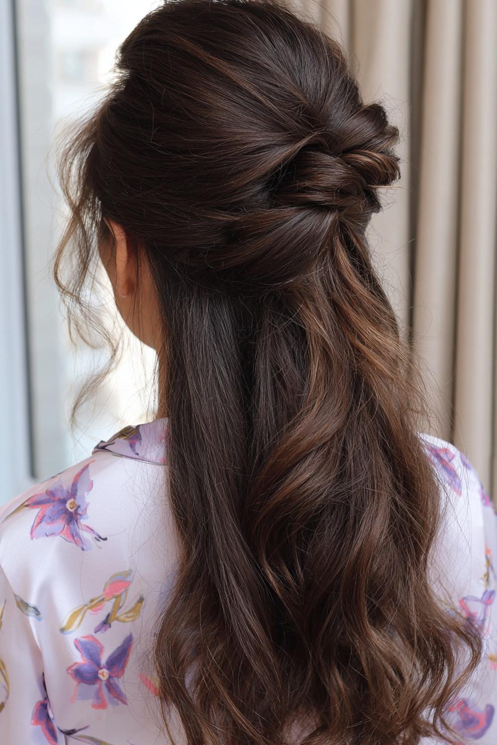13. Half-Up Knot Hairstyle with Messy Crown and Smooth Ends