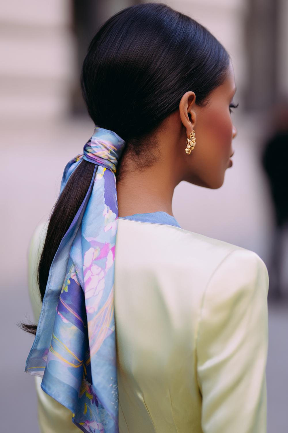 19. Scarf Ponytail Hairstyle with Printed Silk Scarf and Sleek Base