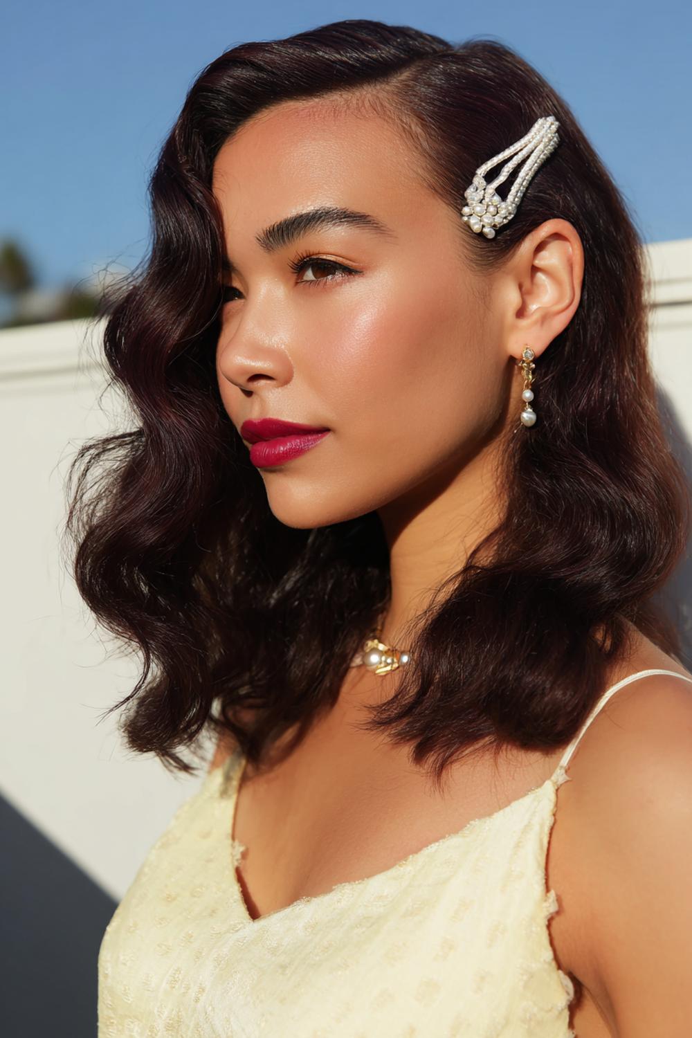 22. Side-Swept Clip Hairstyle with Statement Barrette and Soft Volume