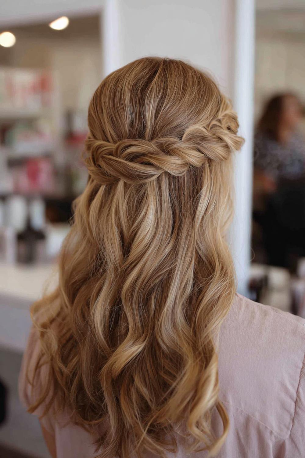 23. Twisted Crown Hairstyle with Double Twists and Loose Waves