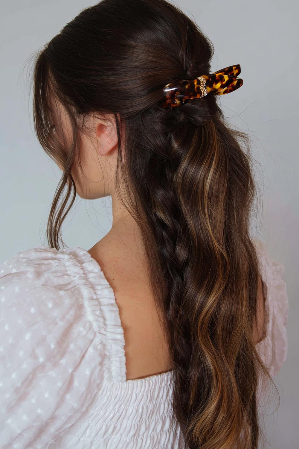 3. Claw Clip Twist Hairstyle with Tortoiseshell Clip and Loose Ends