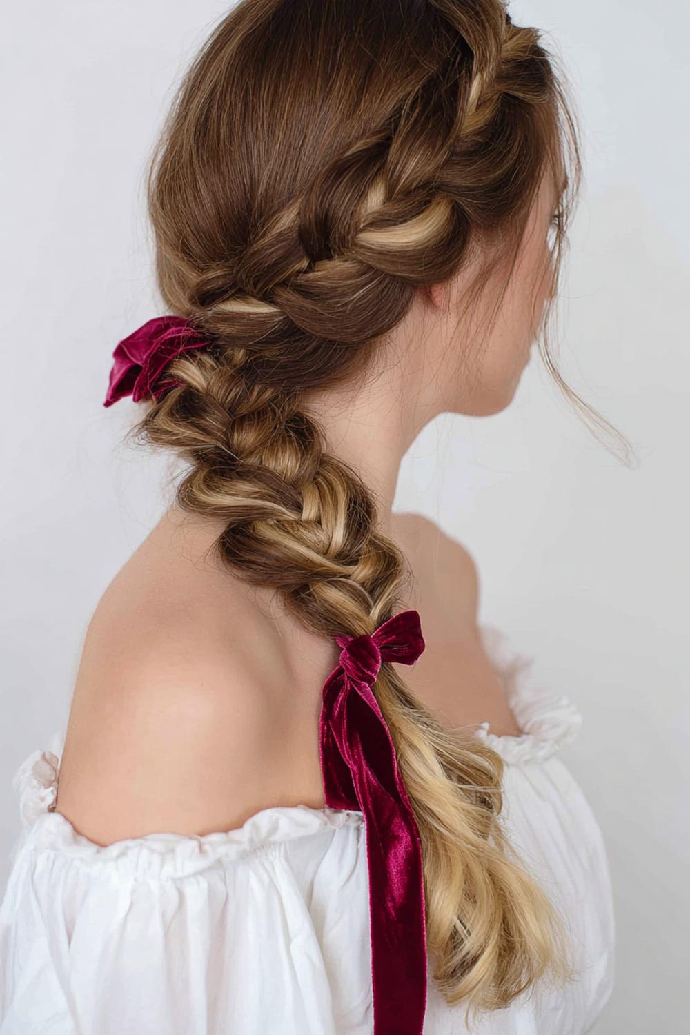 7. Side Braid Hairstyle with Pancaked Plaits and Velvet Ribbon