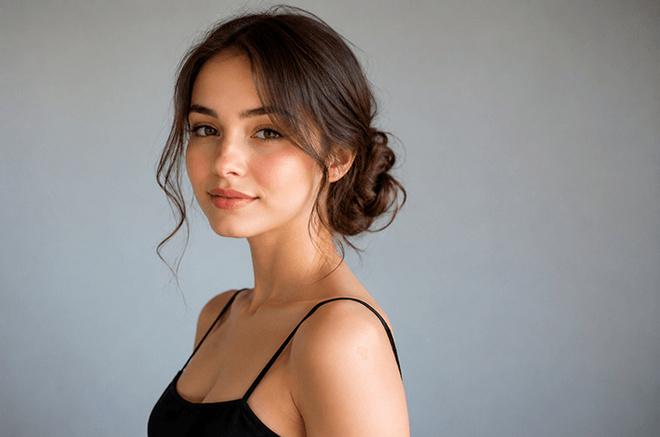 Low bun with side swept face strands
