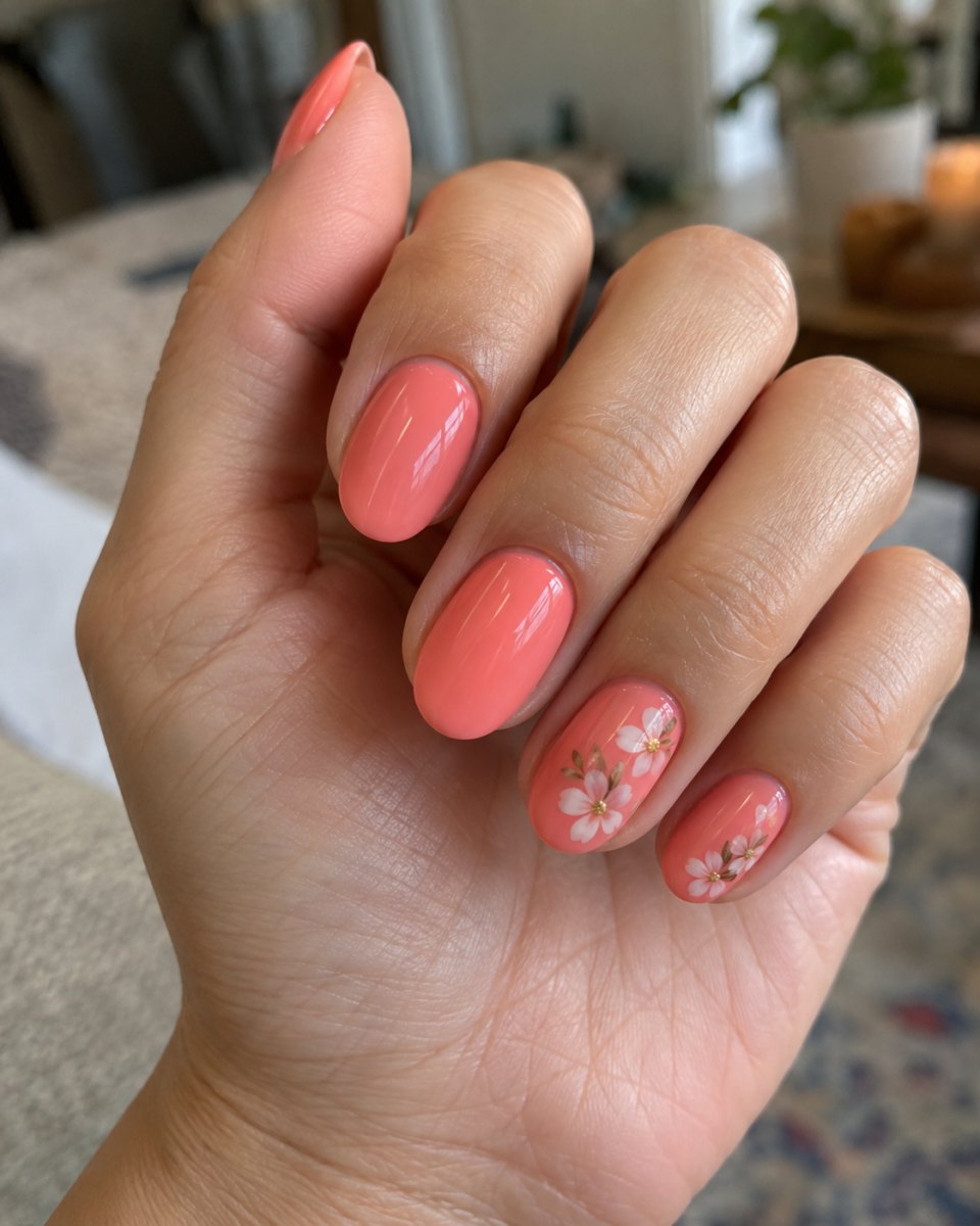 Coral pink pearl finish manicure