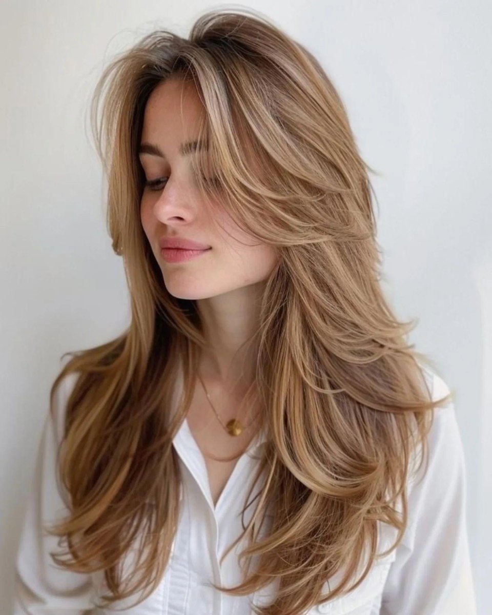 Elegant long layered curtain bangs