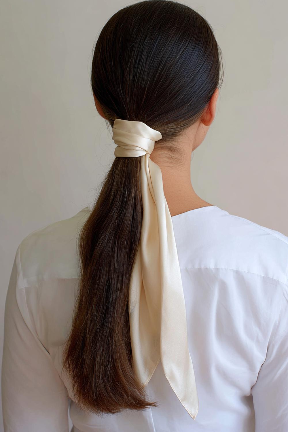 16. Everyday Hairstyles for Women: Scarf-Wrapped Low Ponytail with Neutral Satin
