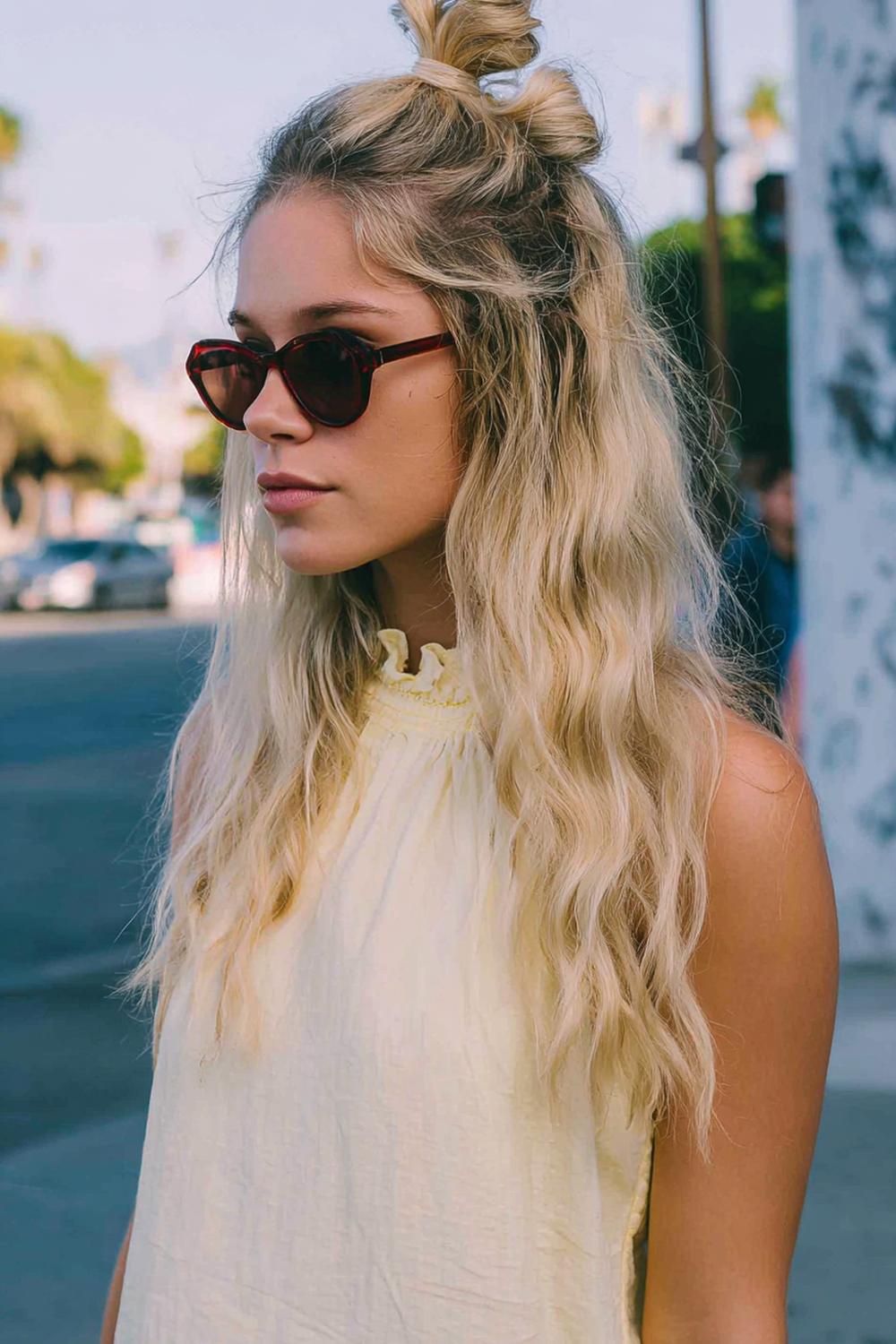 6. Everyday Hairstyles for Women: Half-Up Top Knot with Loose Beach Waves