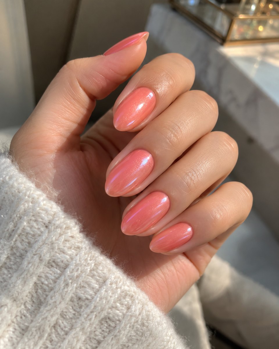 Glossy coral almond gel nails