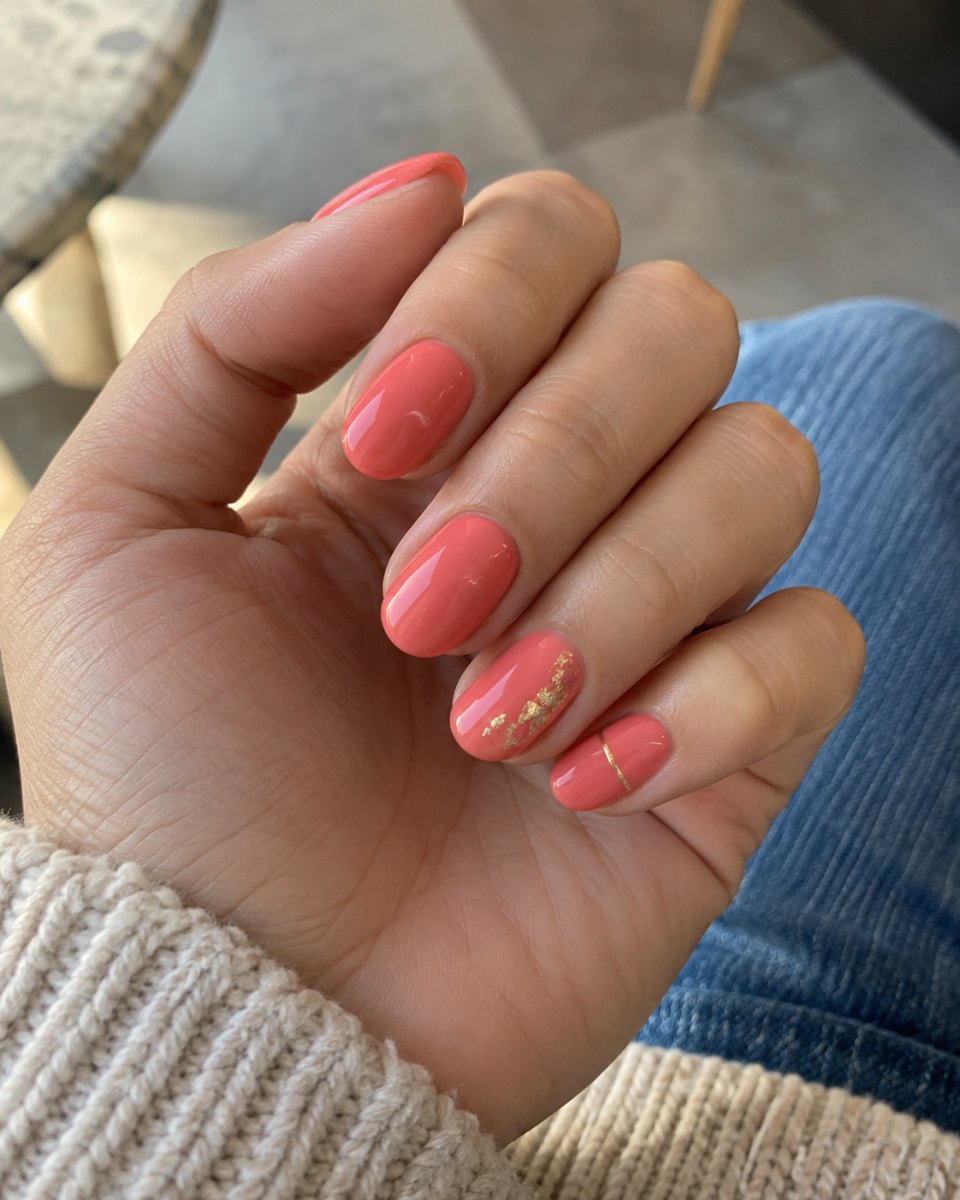 Coral pink gel nails gold accent
