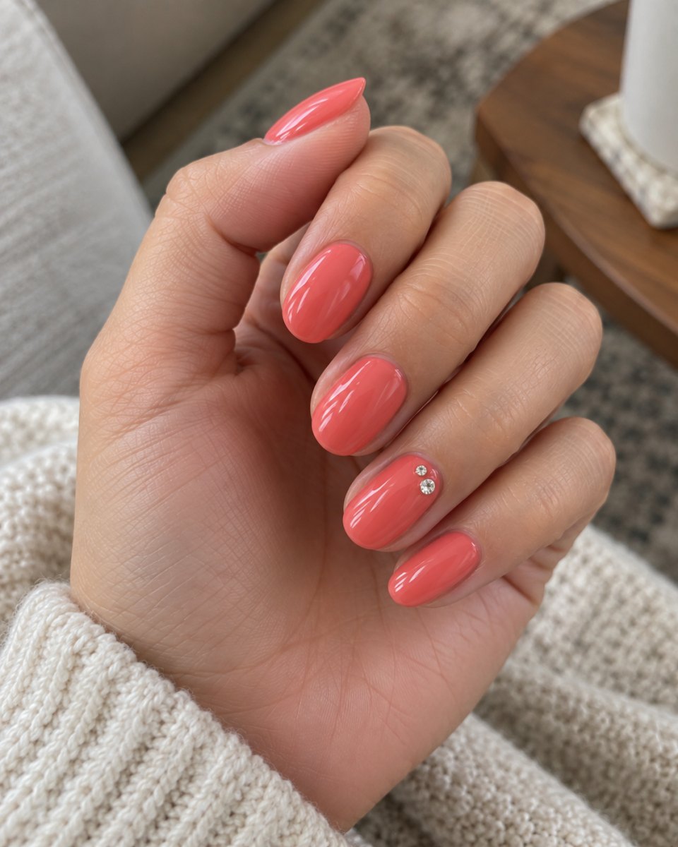 Coral pink rhinestone gel nails
