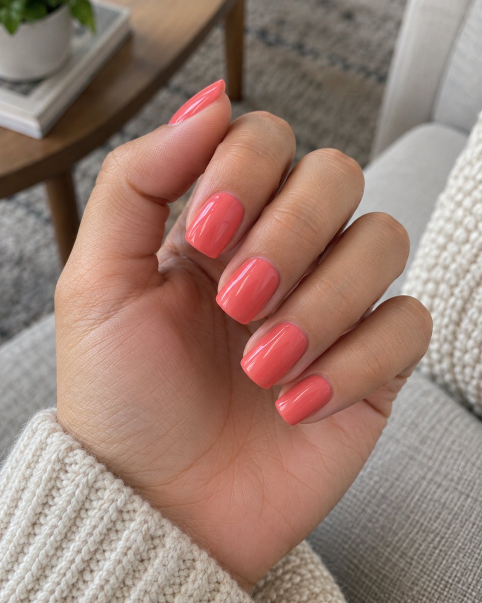 Glossy coral square gel nails