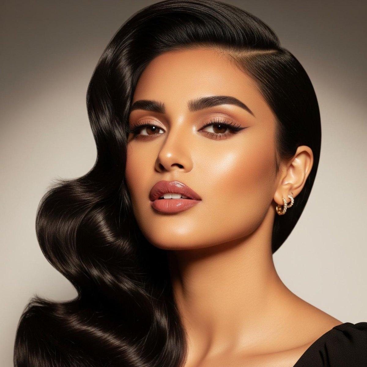 Glossy side swept Hollywood waves