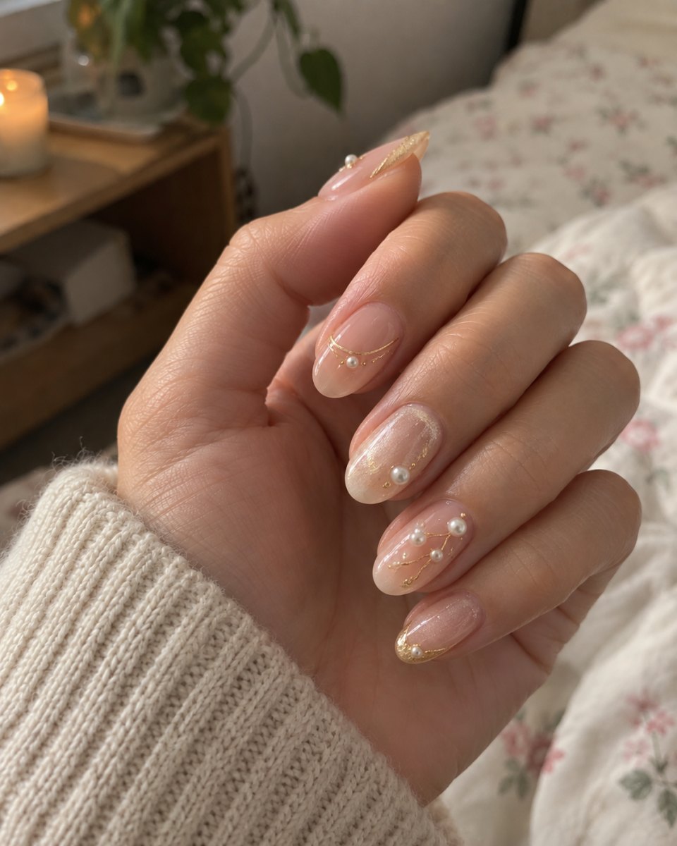 Golden pearl detail nail