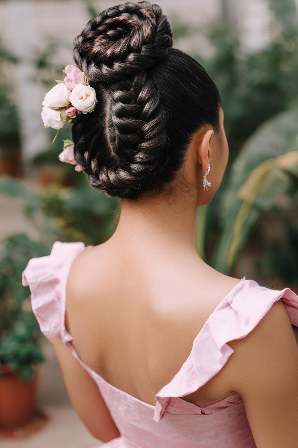 11. Braided Bun Hairstyle with Rope Braid and Pinned Spiral