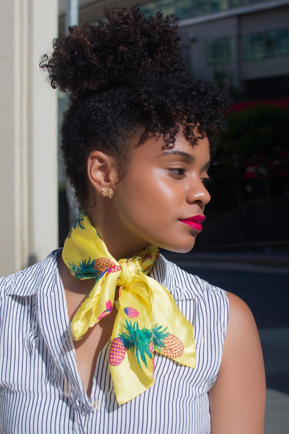 17. Pineapple Updo Hairstyle for Curls with Satin Scarf and Height