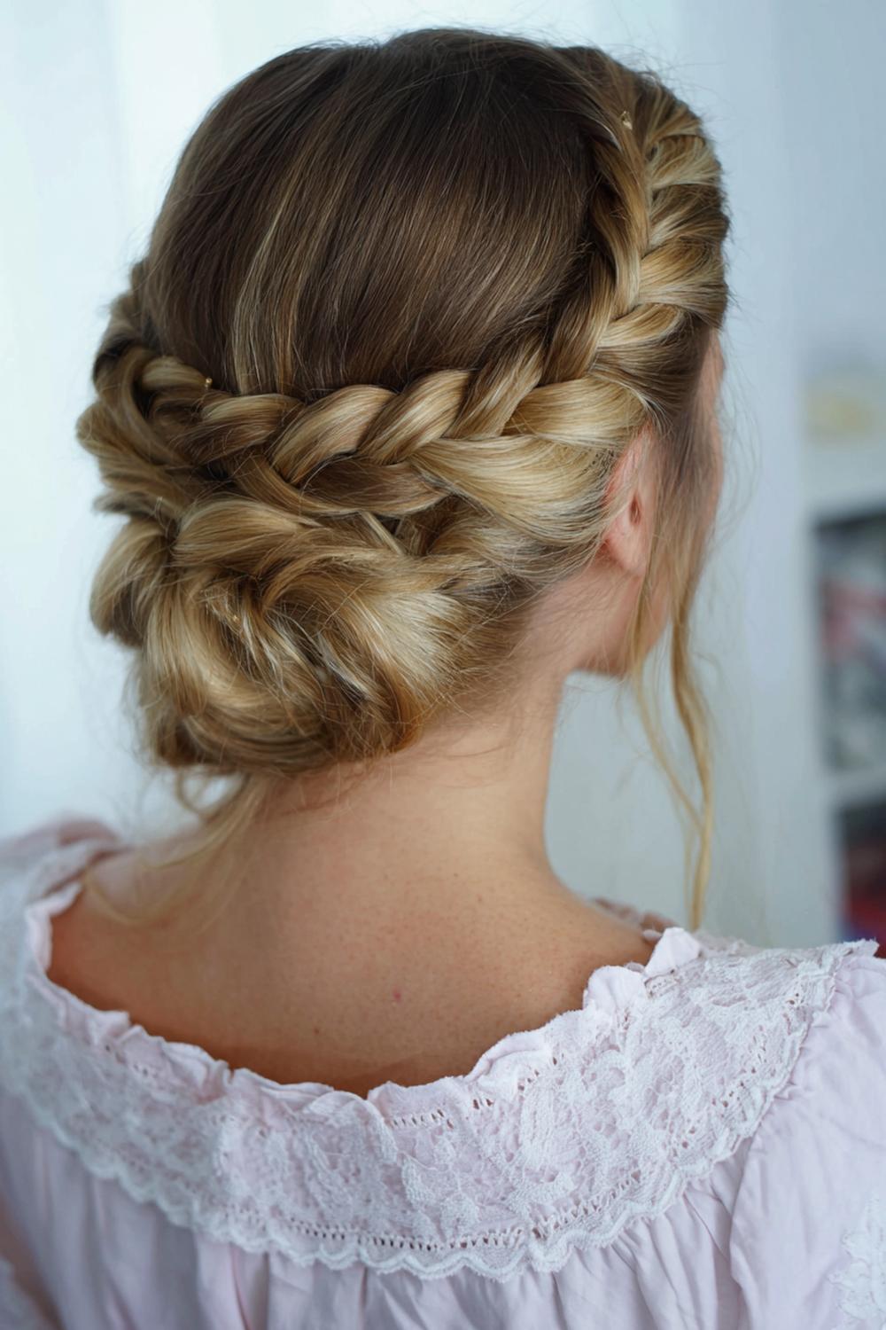 19. Milkmaid Braid Crown Hairstyle with Soft Edges and Secure Pins