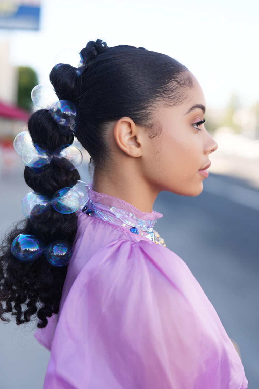 22. Bubble Ponytail Hairstyle with Clear Elastics and Soft Pulls