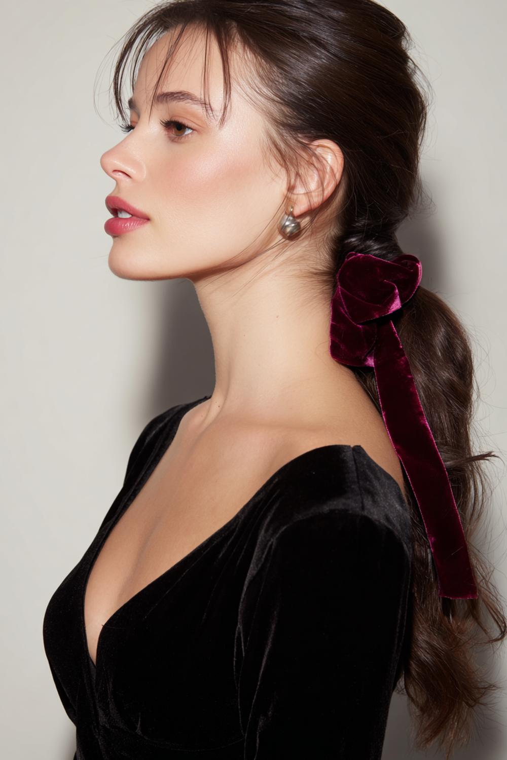 10. Hairstyles for All Hair Types: Low Side Ponytail with Velvet Ribbon Tie