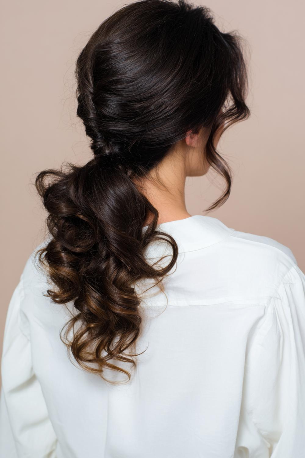 28. Hairstyles for All Hair Types: Low Ponytail with Sleek Sides and Curled Ends