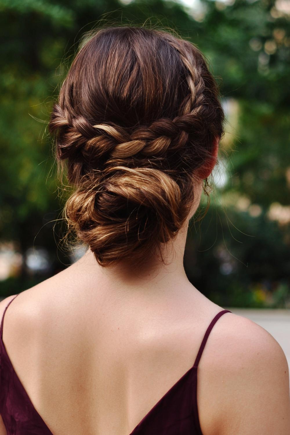 6. Hairstyles for All Hair Types: Braided Crown Band with Low Loose Chignon