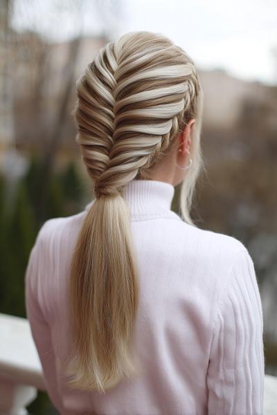 11. Fishtail Braid Ponytail with Sleek Crown for hairstyles for long hair braids ideas