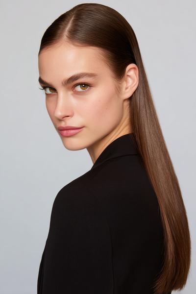 17. Sleek Low Ponytail with Sharp Middle Part for hairstyles for long hair straight ideas