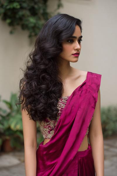 20. Side-Swept Curls over One Shoulder for hairstyles for long hair on saree ideas