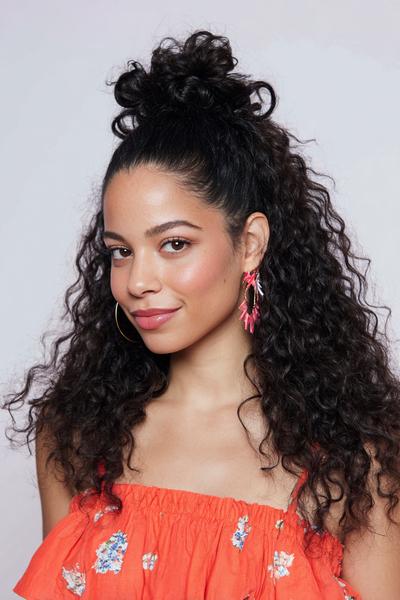 10. Curly Half-Up Puff with Bright Face-Framing Pieces for hairstyles for medium length hair curly ideas