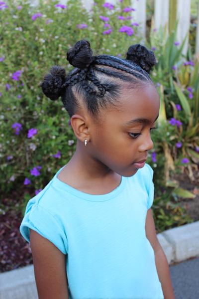 3. Crisscross Front Cornrows into Two Buns for hairstyles for school braids black kids ideas