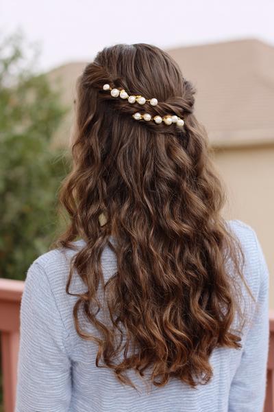 23. Pinned-Back Temple Twists for Hairstyles for School Curly Hair Down with Pearl Bobby Pins